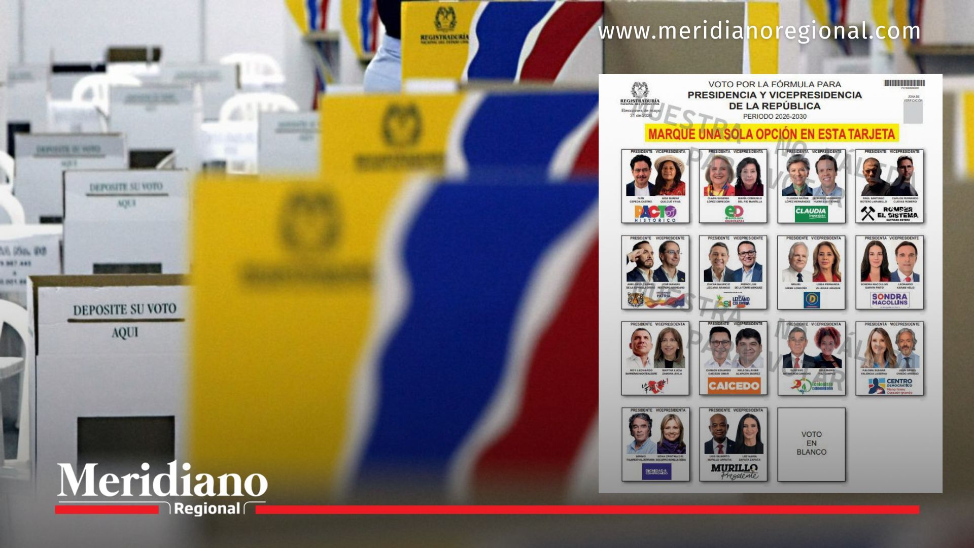 Puestos de votación en Colombia con el tarjetón electoral 2026 para la primera vuelta presidencial.