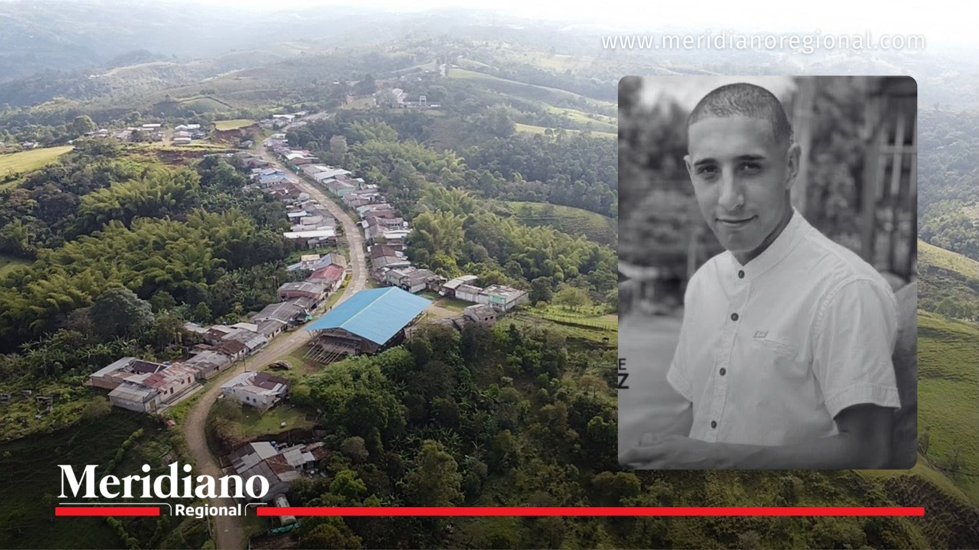 Imagen de la zona rural de Cajibío junto al retrato de una de las víctimas identificadas en la masacre.
