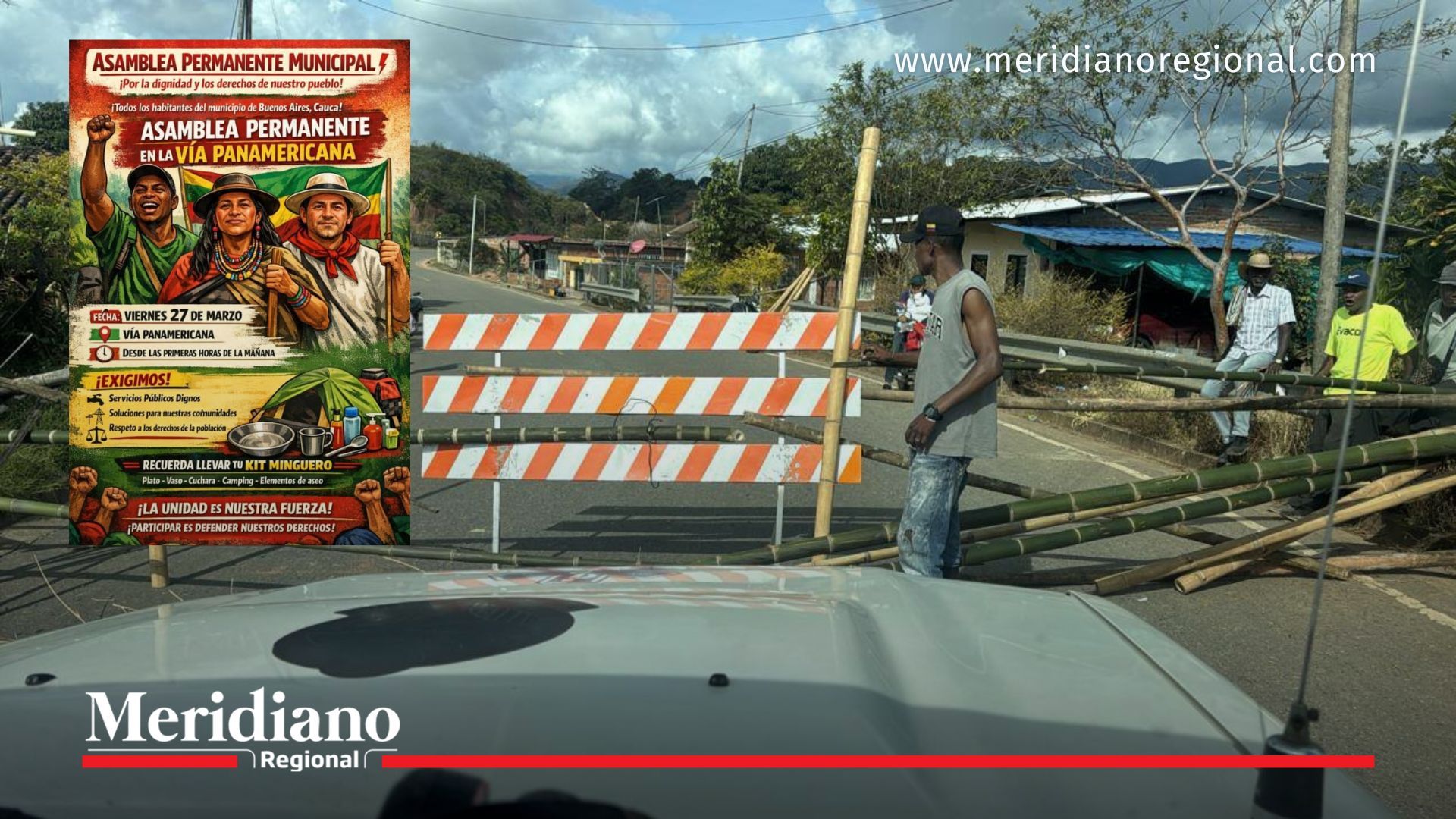 Comunidades bloquean la vía Panamericana en Buenos Aires, Cauca, con barricadas improvisadas.