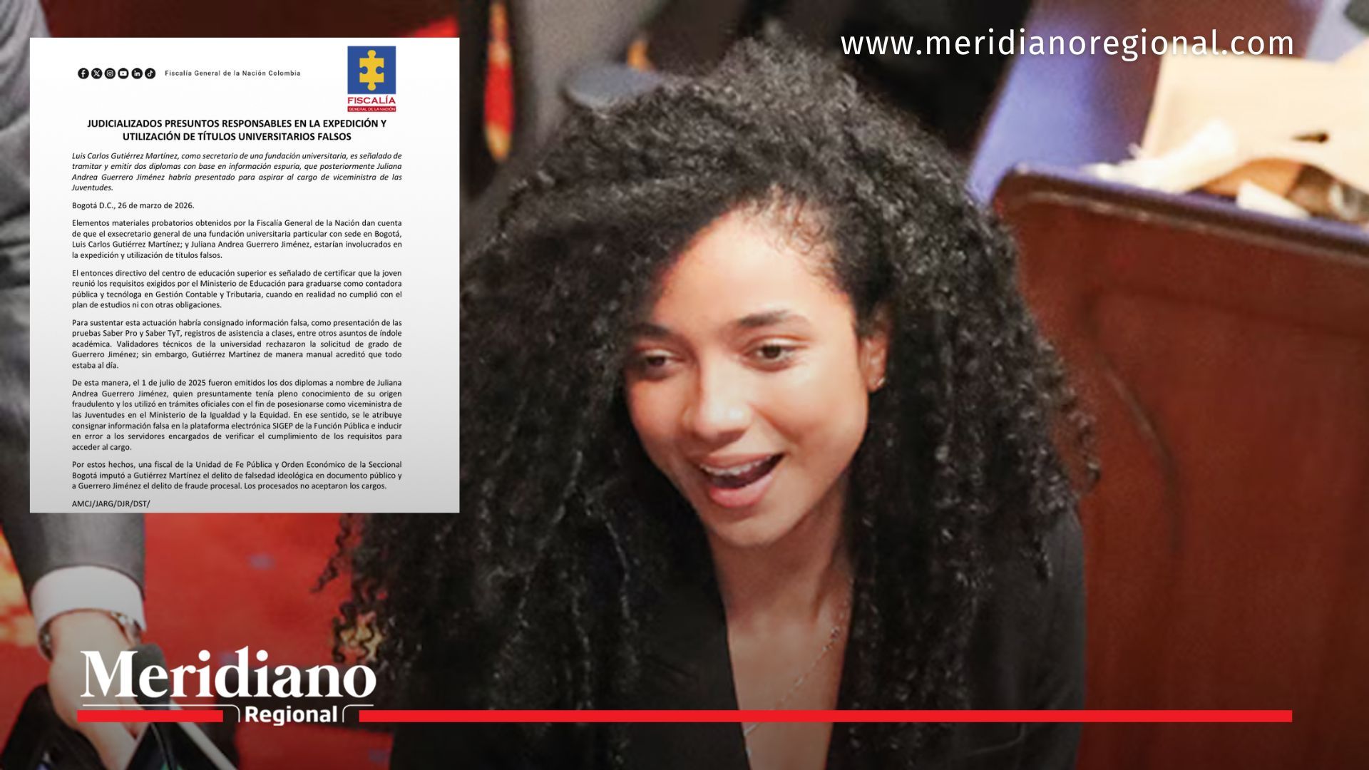Juliana Guerrero en el Senado antes de la investigación, junto a documento de la Fiscalía sobre imputación de cargos.