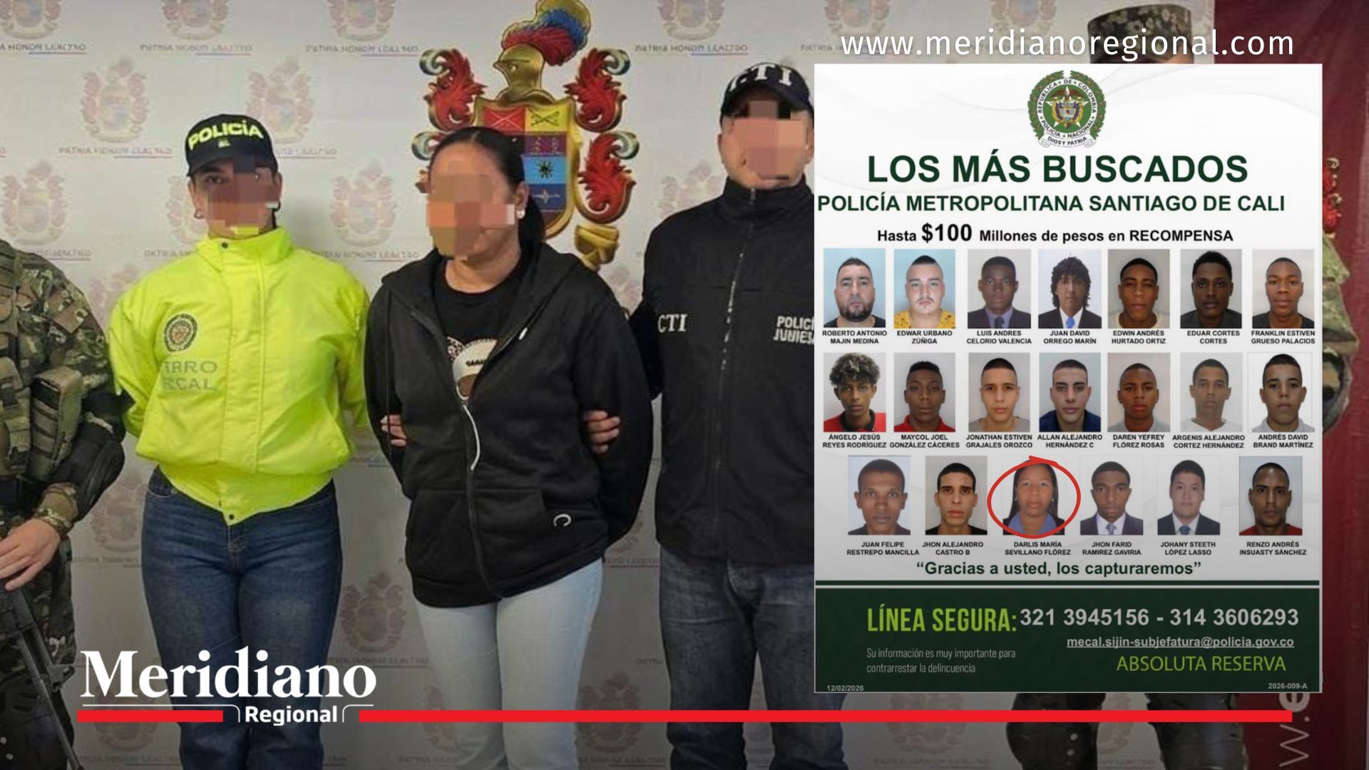 mujer-capturada-cali detenida por autoridades junto a cartel de los más buscados en Cali por delitos de homicidio