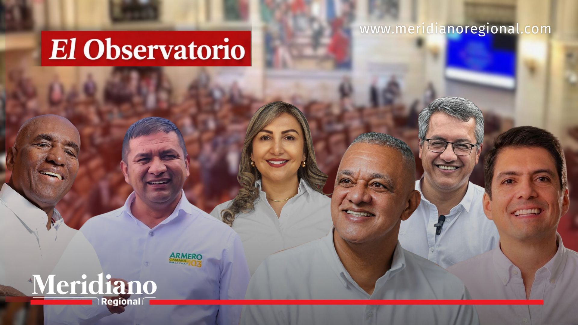 Candidatos a la Cámara de Representantes por el Cauca (Edgar Gómez , Víctor Armero, Arnulfo Mostacilla, Mercy Burbano , Jorge Bastidas) durante las elecciones Cámara Cauca 2026, con el Congreso de fondo.