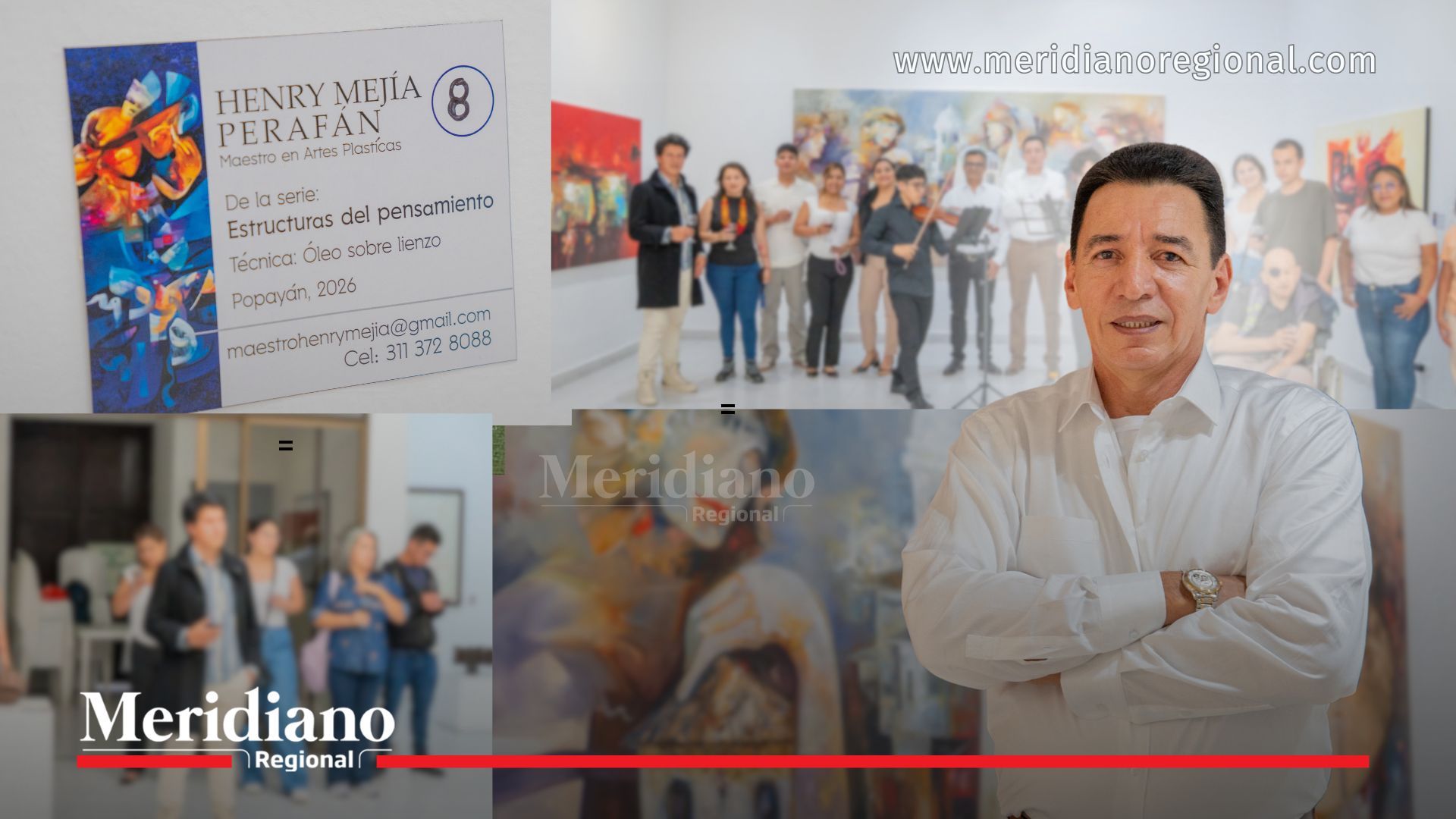 El artista payanés Henry Mejía Perafán lidera la exposición “Estructuras del Pensamiento” en el Museo Negret, acompañado de asistentes y rodeado de sus obras.