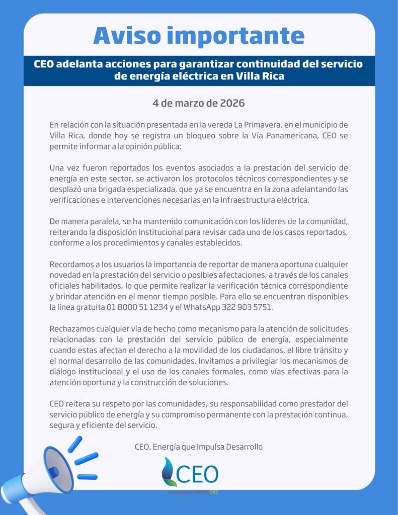 Comunicado CEO energía Cauca sobre bloqueo en Villa Rica - Meridiano Regional Comunicado de CEO energía Cauca sobre fallas de energía y bloqueo en Villa Rica norte del Cauca