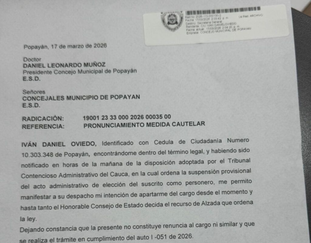 Carta del personero de Popayán anunciando su apartamiento - Meridiano Regional carta Iván Daniel Oviedo personero de Popayán apartarse del cargo suspensión Tribunal Administrativo del Cauca