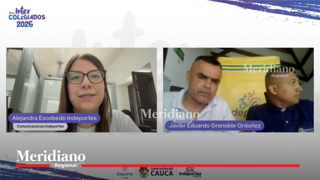 Captura de la apertura de una reunión virtual sobre Intercolegiados 2026, en la que aparecen Alejandra Escobedo de Indeportes Cauca y Javier Eduardo Granoble Ordóñez junto a otro integrante del equipo organizador durante la socialización del proceso.