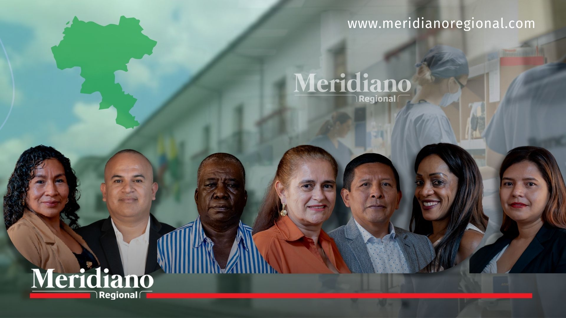 Montaje con nuevos jefes de control interno de ESE del Cauca, con fondo de hospital y mapa del departamento.