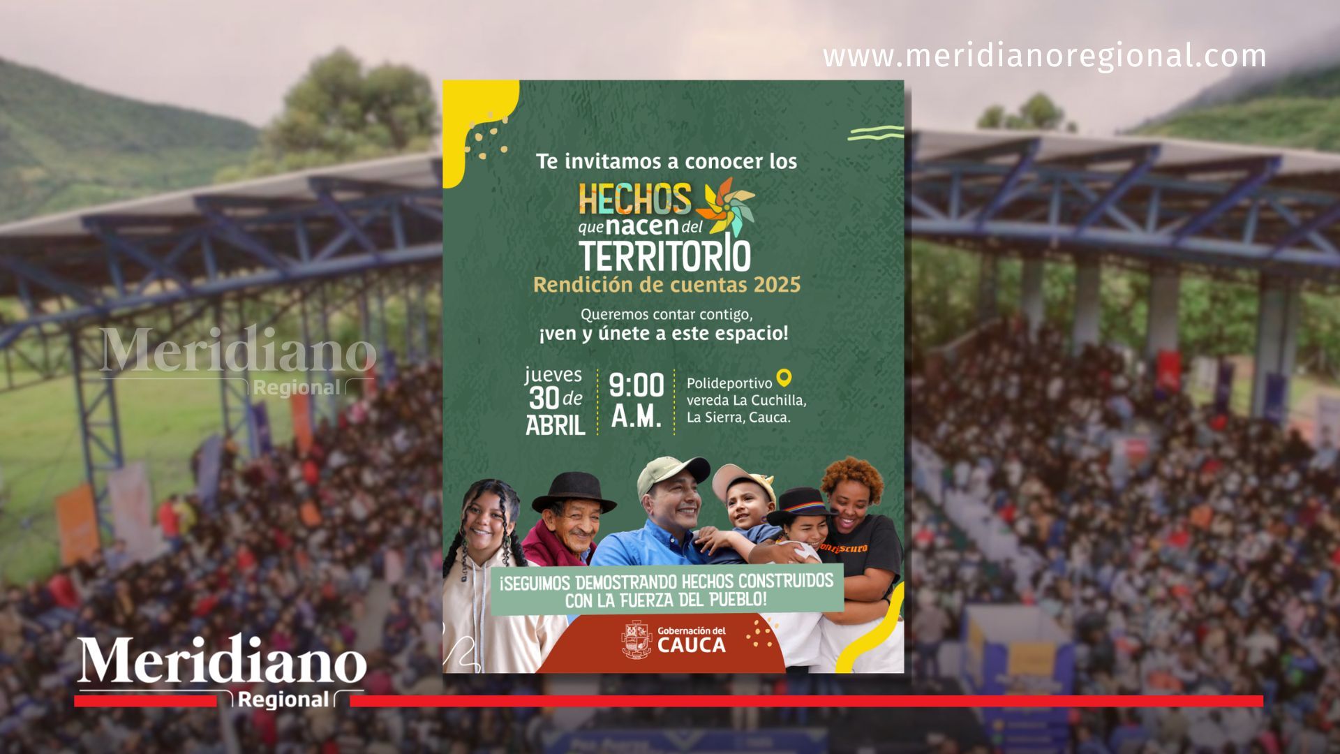 Imagen de portada con público asistente a una rendición de cuentas en el Cauca y, en el centro, el flyer de invitación a la rendición de cuentas 2025 en La Sierra con detalles del evento.