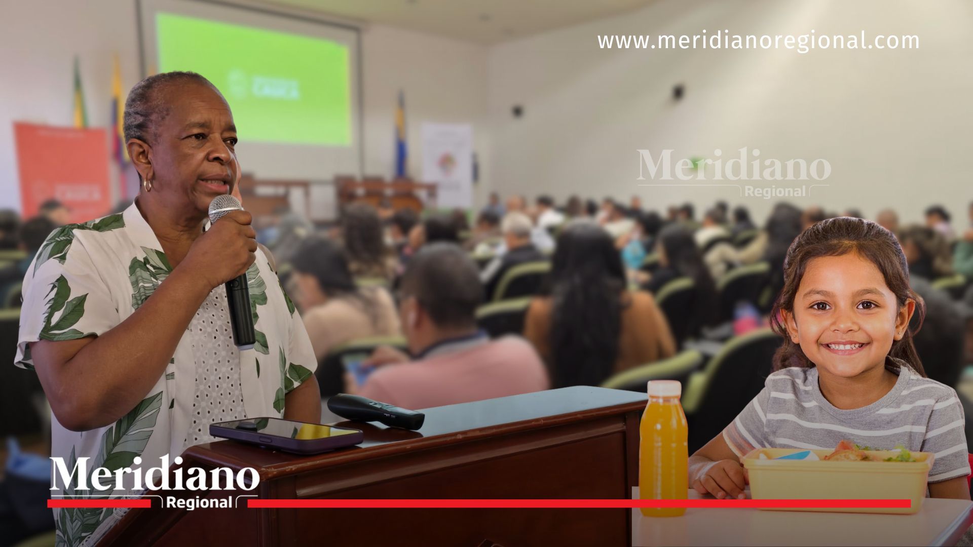 Secretaria Sor Inés Larrahondo participa en Mesa Pública del PAE Cauca mientras una niña beneficiaria consume alimentos del programa en primer plano.