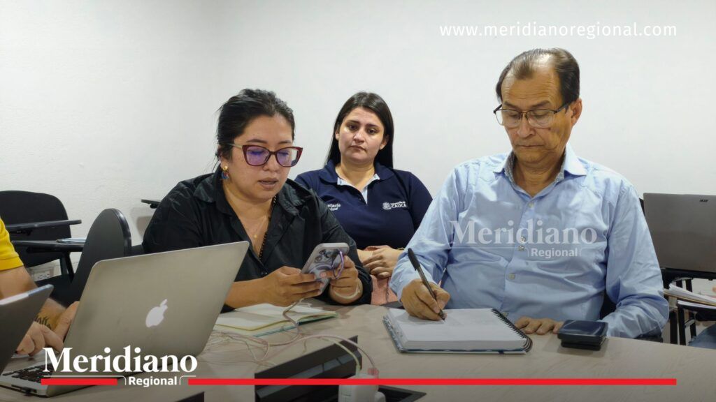 Funcionarios de la Secretaría de Salud del Cauca revisan información y toman apuntes durante una reunión técnica sobre vigilancia epidemiológica frente a la mpox.