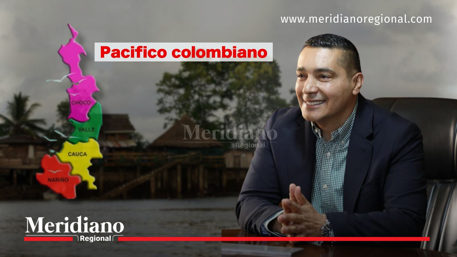 Gobernador del Cauca, Jorge Octavio Guzmán, junto a representación gráfica del Pacífico colombiano y paisaje típico de la región al fondo.