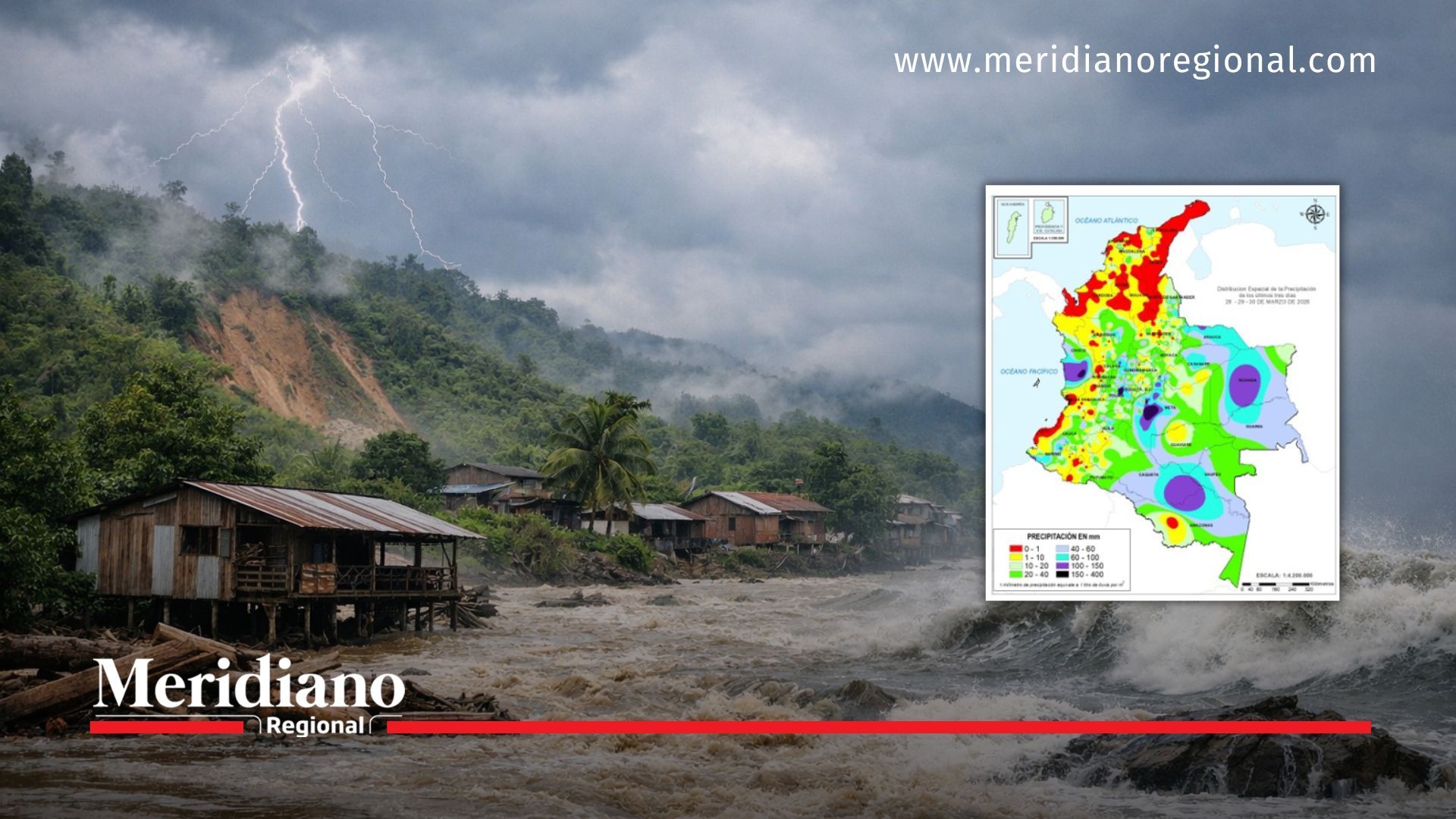 Tormenta eléctrica con fuertes lluvias en zona rural del Pacífico colombiano, con viviendas cerca de un río crecido y mapa del IDEAM que muestra niveles de precipitación en el país.