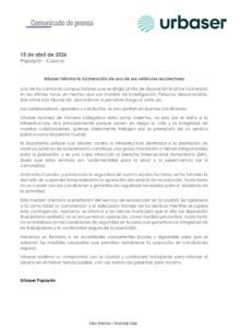 comunicado de Urbaser sobre suspensión de recolección de basuras en Popayán