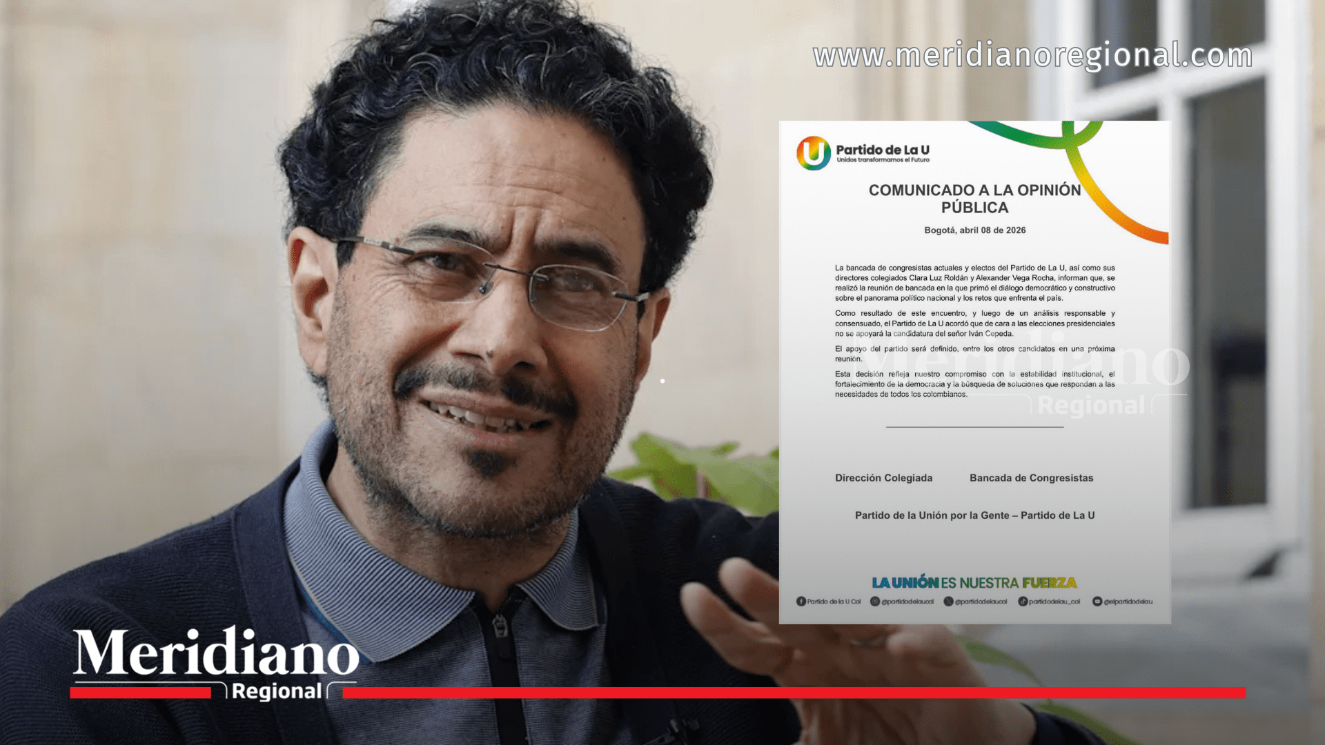 Iván Cepeda, candidato presidencial, junto al comunicado del Partido de la U que descarta su respaldo.
