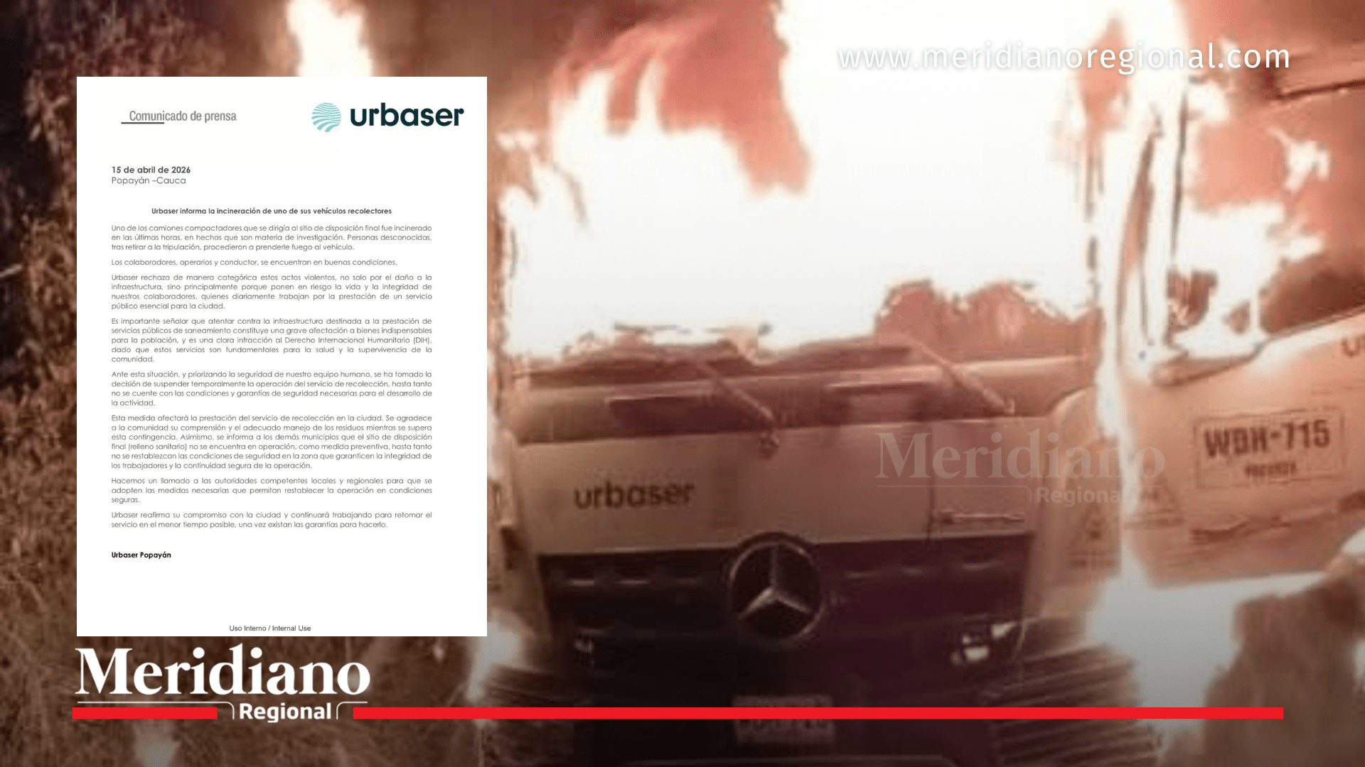 vehículo de Urbaser incinerado en Popayán y comunicado sobre suspensión de recolección de basuras