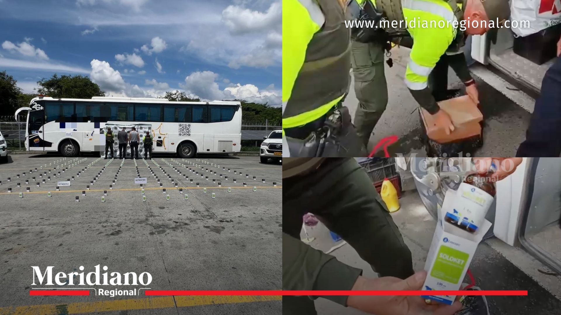 Autoridades incautaron 227 frascos de ketamina ocultos en un bus de servicio público en San Pedro, Valle del Cauca, y capturaron a dos personas en flagrancia.