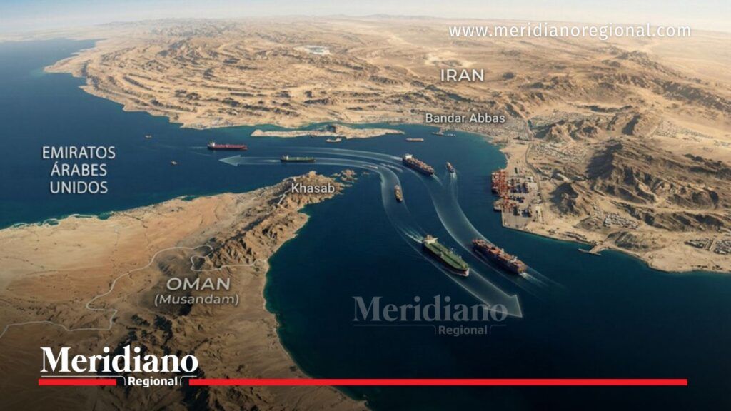 Vista aérea del estrecho de Ormuz con barcos petroleros navegando entre Irán y Omán, ruta clave para el comercio mundial de petróleo