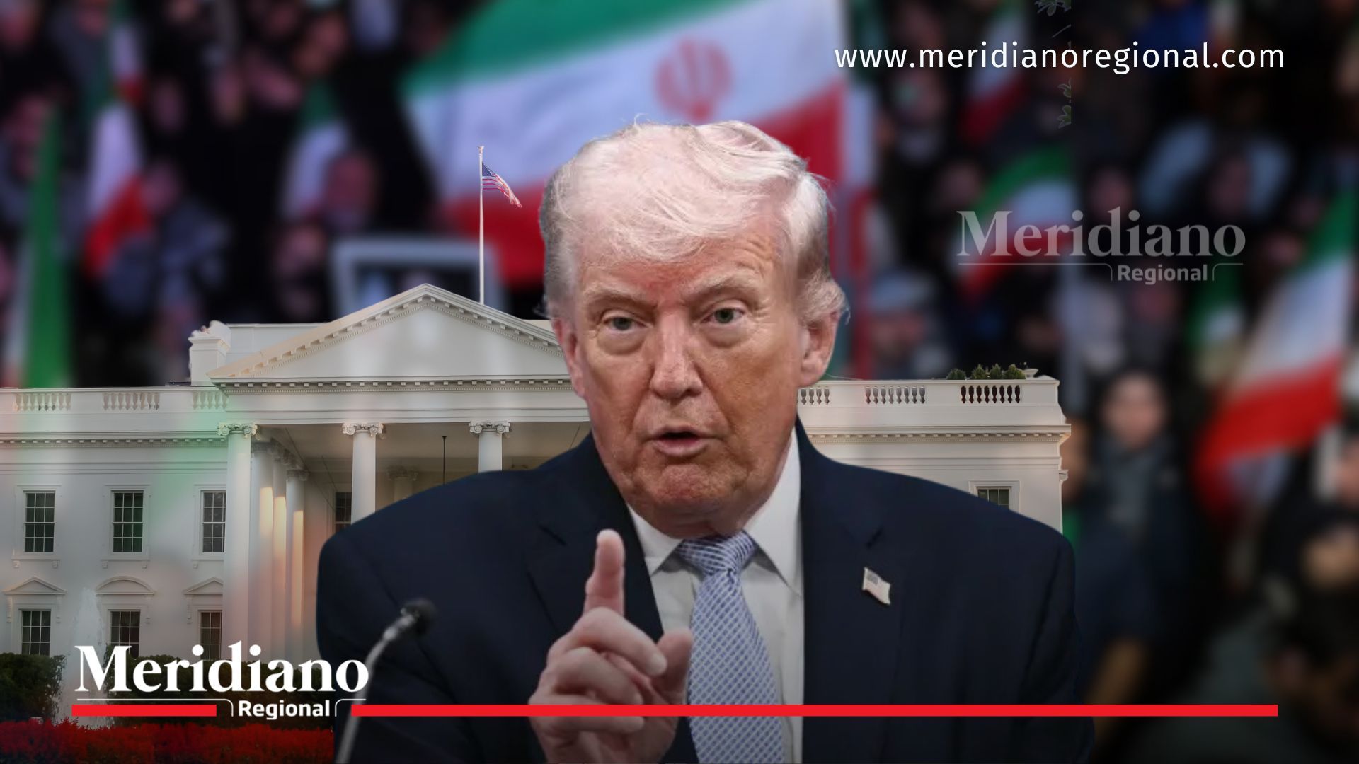 Donald Trump frente a la Casa Blanca con banderas de Irán en contexto de alto el fuego entre Trump e Irán