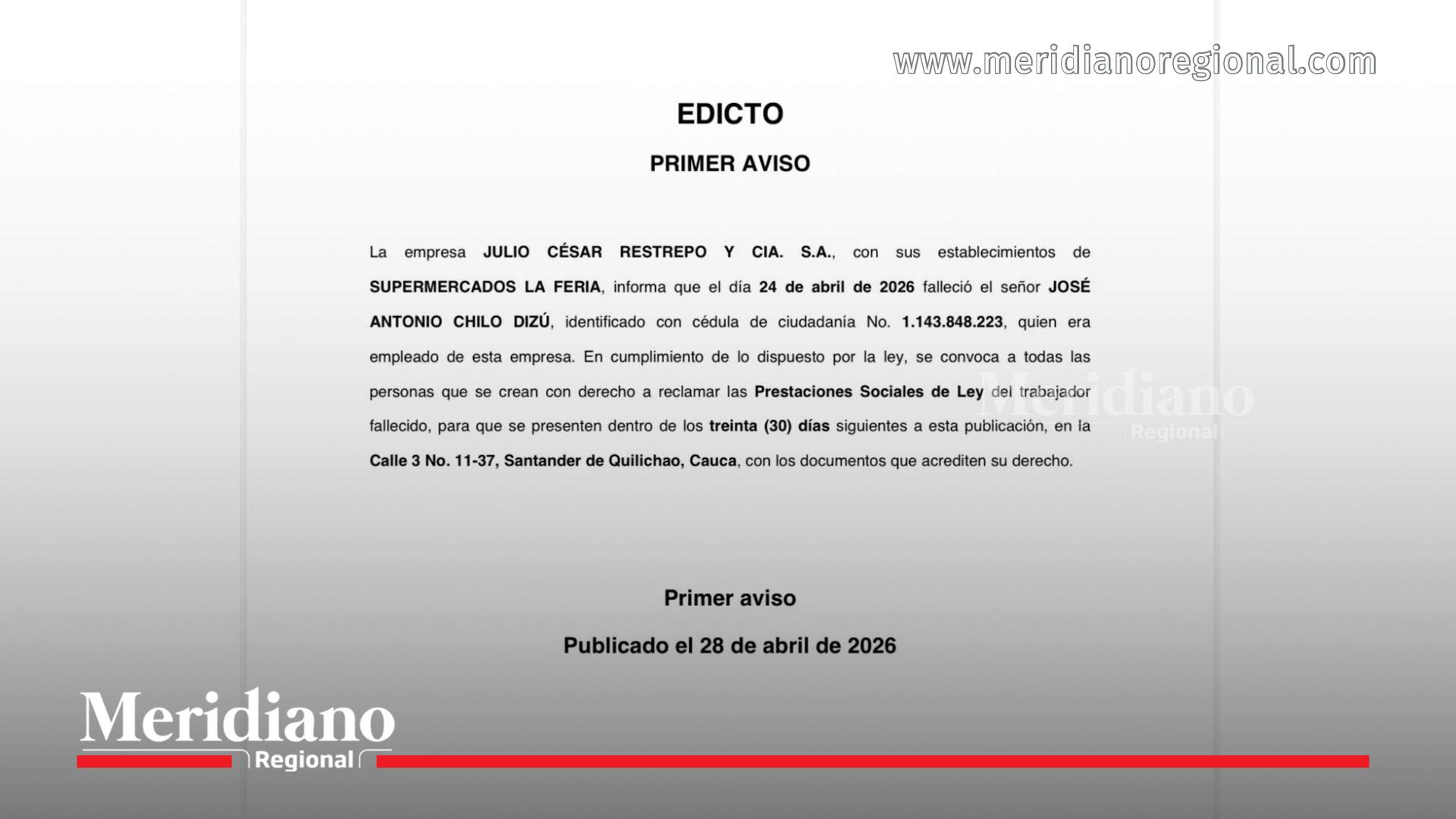 Documento legal en español: Edicto, Primer Aviso, anuncio de un fallecimiento y datos del trabajador, con fecha de publicación 28 de abril de 2026 y watermark de Meridiano Regional