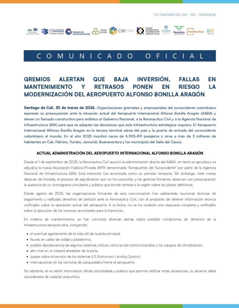 comunicado oficial gremios aeropuerto Cali mantenimiento aeropuerto Cali Aeropuerto Alfonso Bonilla Aragón fallas infraestructura