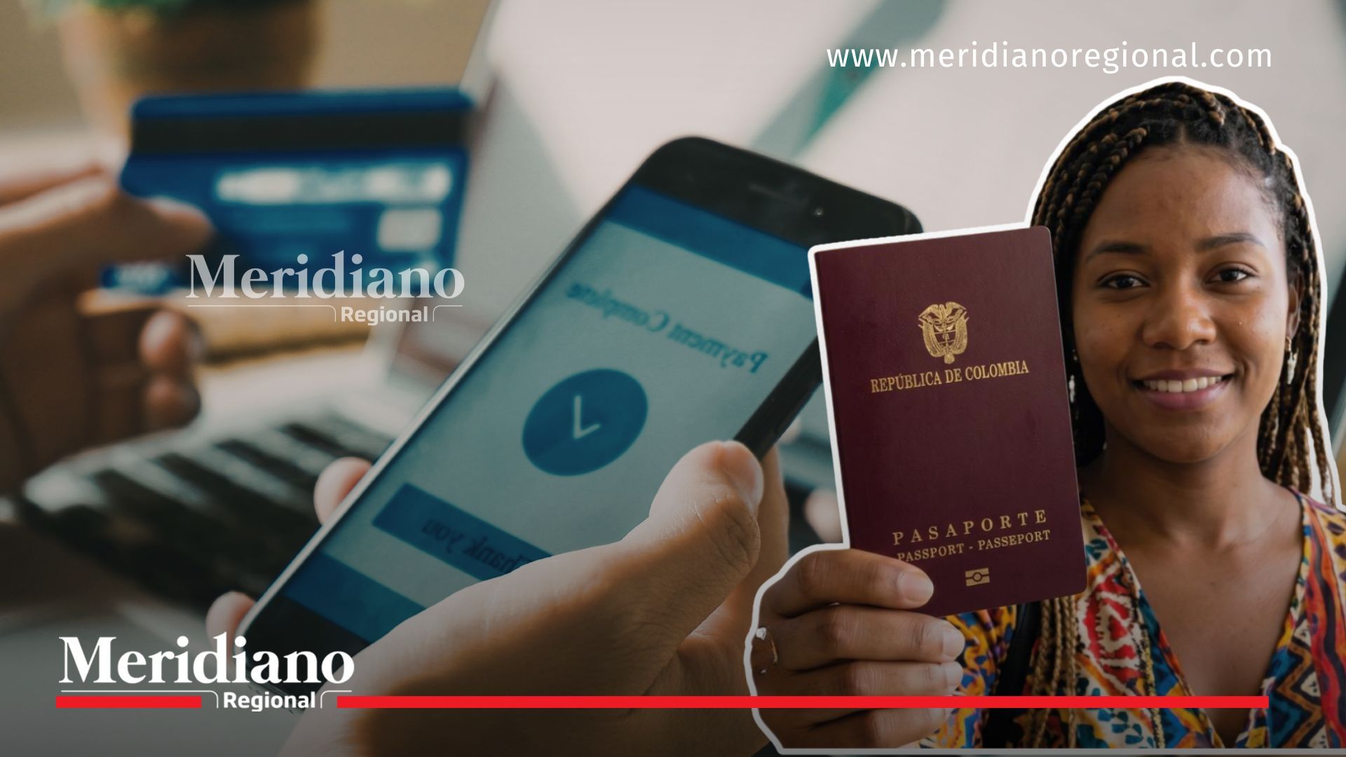 Joven sosteniendo un pasaporte colombiano mientras en segundo plano se observa un pago en línea desde un dispositivo móvil, representando la modernización del trámite de pasaportes Cauca.