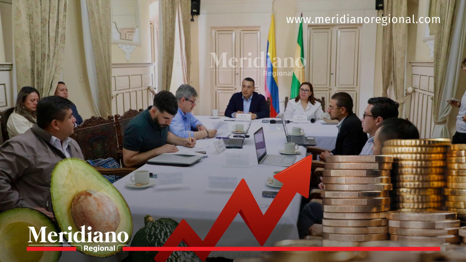 Representantes del OCAD Regional Pacífico participan en una reunión sobre proyectos de inversión para Cauca y Nariño, mientras en primer plano aparecen ilustraciones de aguacates, monedas y una gráfica ascendente que simbolizan el fortalecimiento económico y productivo de la región.
