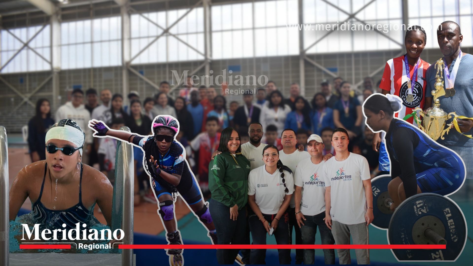 Collage de jóvenes deportistas del Cauca participando en natación, patinaje, levantamiento de pesas y otras disciplinas de los Juegos Intercolegiados Cauca 2026.