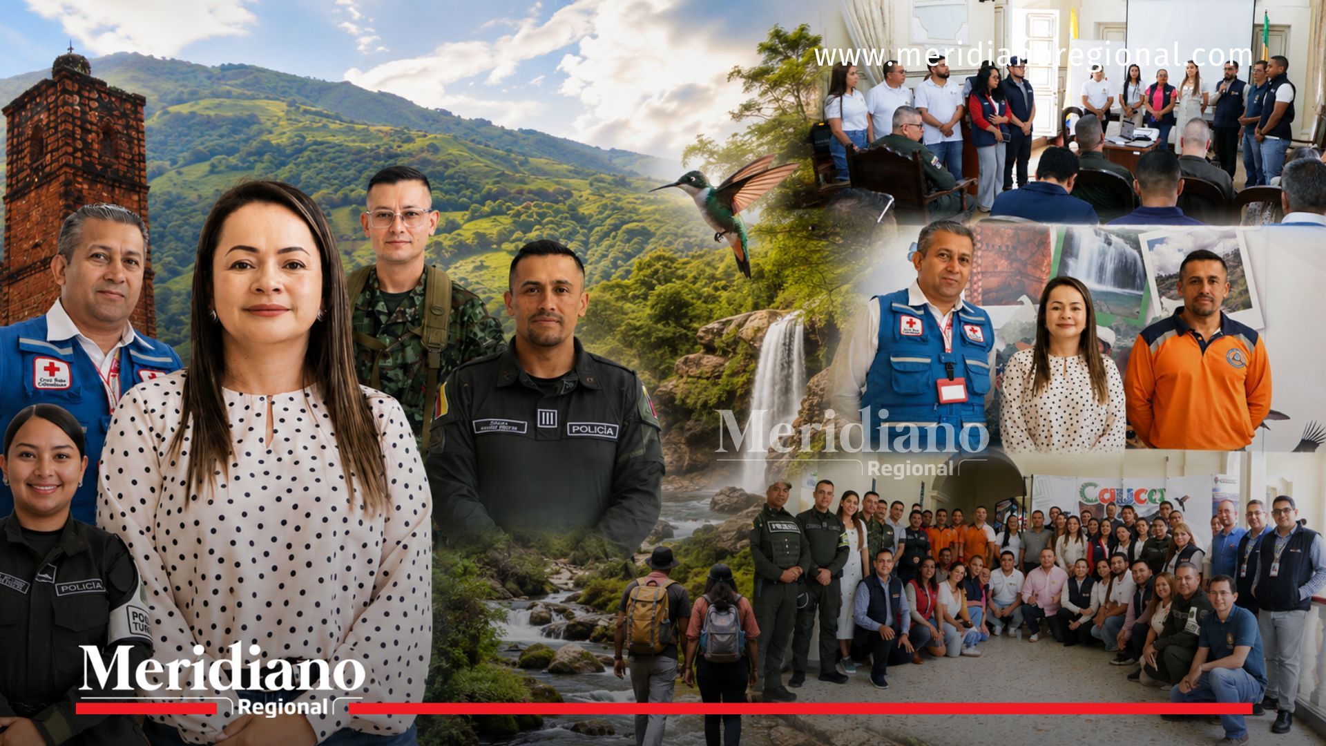 La imagen reúne fotografías del Comité Departamental de Seguridad Turística junto a escenarios naturales del Cauca, resaltando el trabajo conjunto entre instituciones, organismos de socorro y autoridades para fortalecer la prevención, la movilidad y la protección de los atractivos turísticos del departamento.