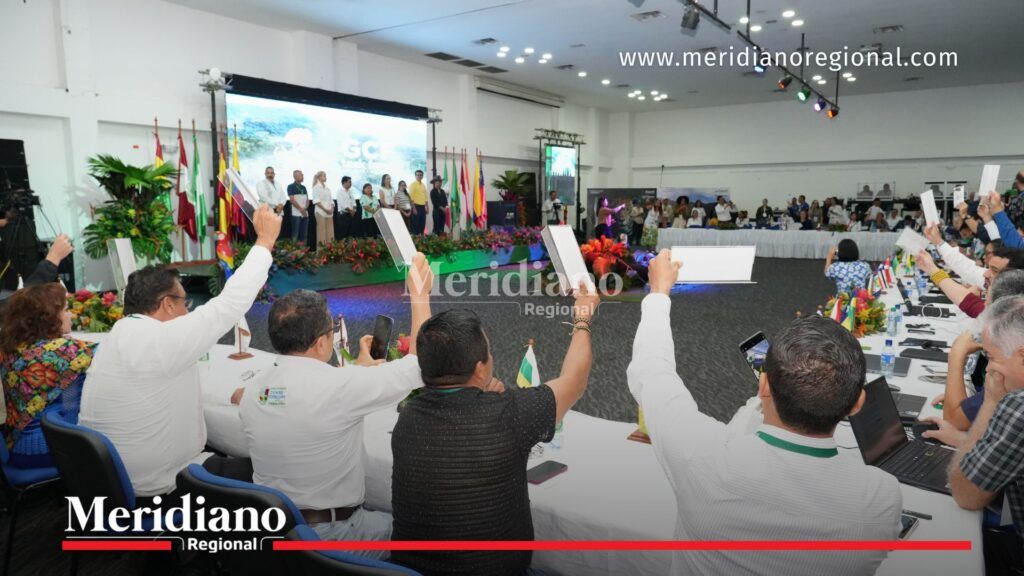 Funcionarios y representantes regionales participan en una sesión de votación durante la 16ª Reunión Anual del GCF Task Force, realizada en Florencia, Caquetá, en medio de discusiones sobre desarrollo sostenible y acción climática.