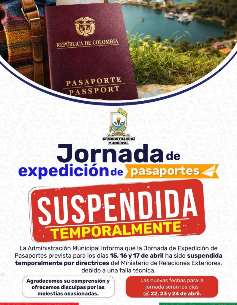 Maroon Colombian passport beside a backpack, with a banner announcing passport issuance is temporarily suspended by the municipality.