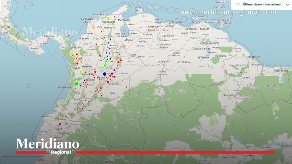 Mapa del Servicio Geológico Colombiano con registros de sismos recientes en Colombia, especialmente en el Pacífico colombiano y Chocó.