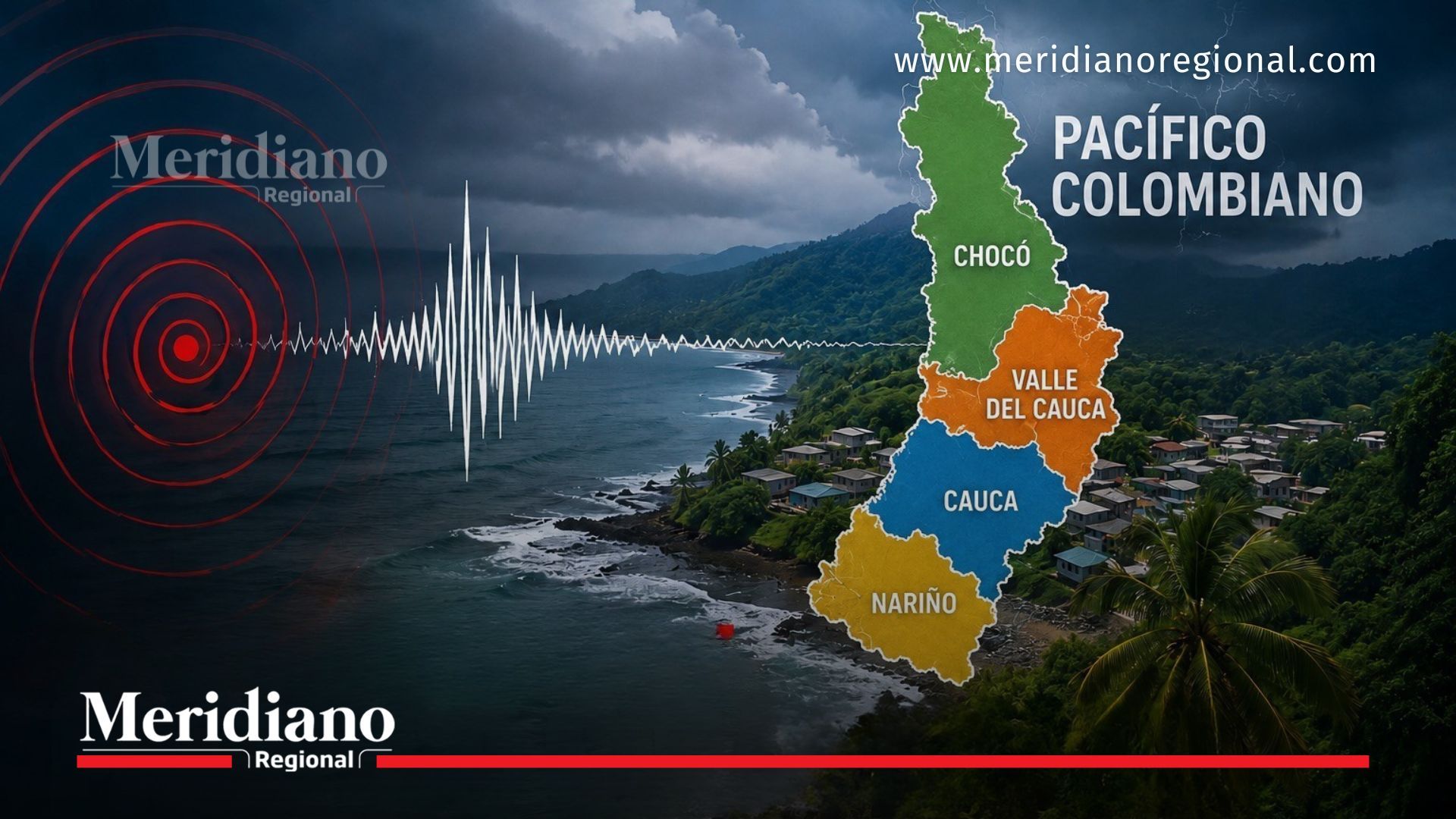 Mapa del Pacífico colombiano con Chocó, Valle del Cauca, Cauca y Nariño durante actividad sísmica reportada por el Servicio Geológico Colombiano.