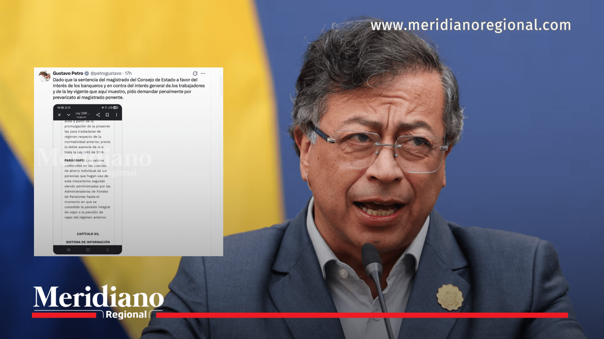 Presidente Gustavo Petro habla sobre la reforma pensional mientras se observa el trino publicado en X contra la decisión del Consejo de Estado sobre Colpensiones.