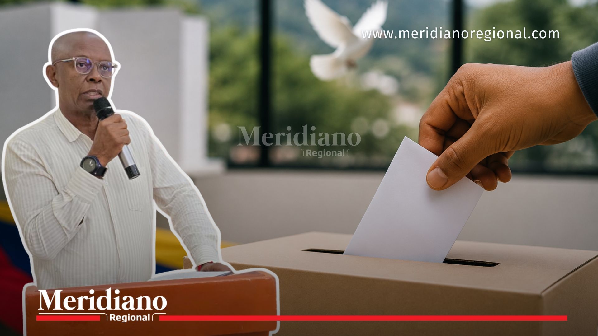 Un funcionario departamental interviene durante una jornada institucional relacionada con la preparación de las elecciones, mientras una composición gráfica al fondo representa la participación ciudadana y la construcción de paz mediante el voto.