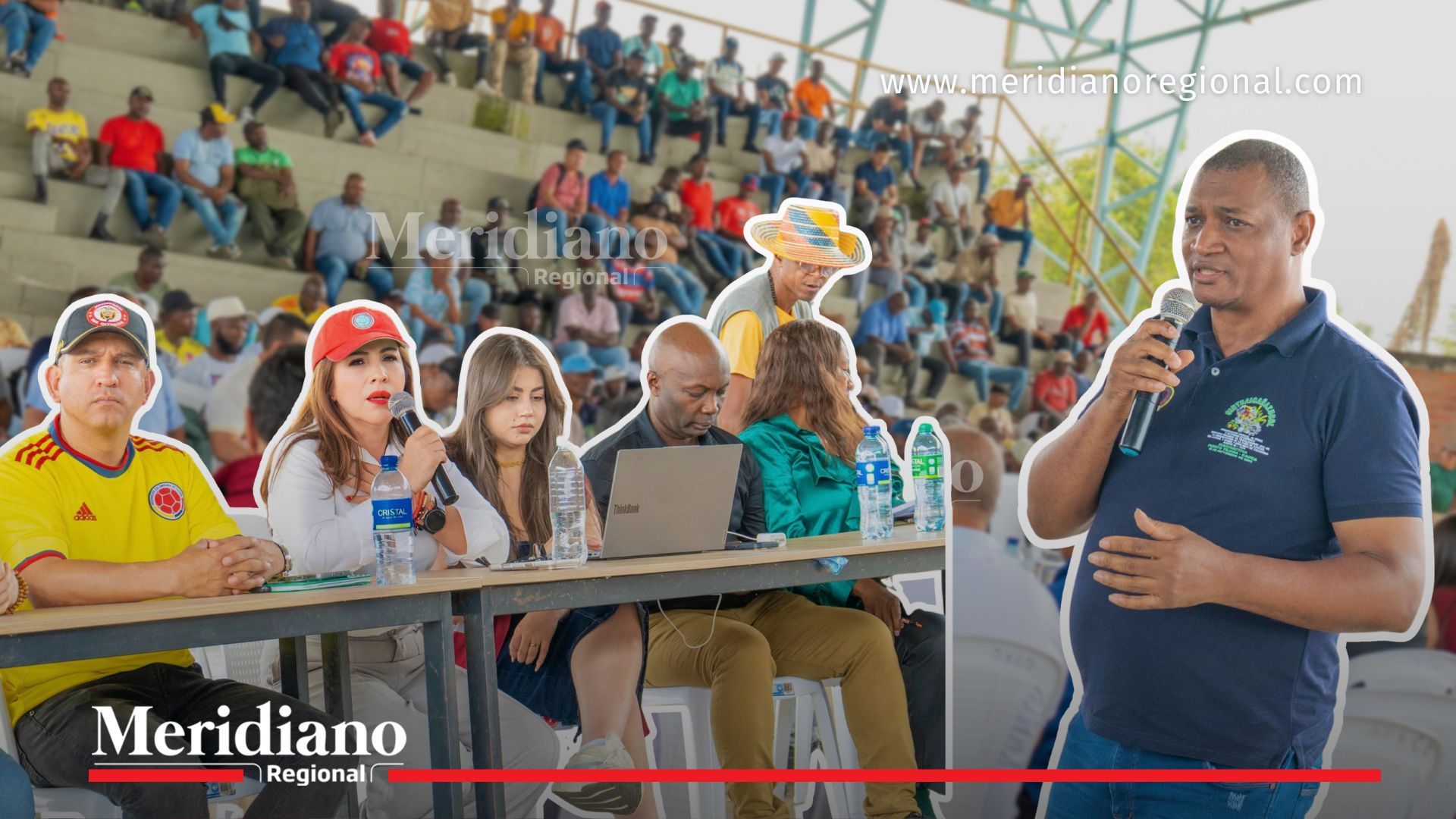 La secretaria de Gobierno y Participación del Cauca, Maribel Perafán Gallardo, y representantes de los trabajadores participan en la mesa de diálogo realizada en Villa Rica, espacio que reunió a cientos de asistentes para avanzar en la construcción de soluciones concertadas frente a la situación del Ingenio La Cabaña.
