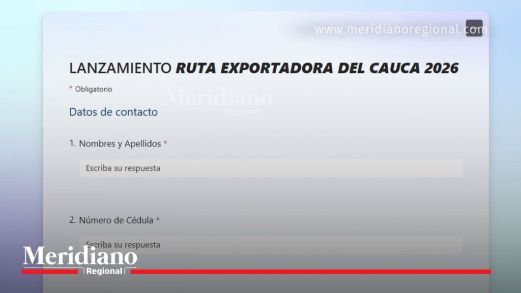 Ruta Exportadora del Cauca: formulario oficial de inscripción para participar en el lanzamiento de la estrategia regional, donde empresarios y emprendedores registran datos personales y de su empresa para iniciar su proceso de internacionalización.