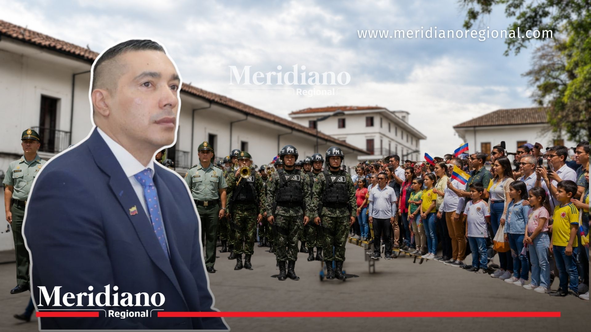 Prominent man in a suit in the foreground with a crowd of soldiers and civilians behind him; Meridiano Regional branding visible.