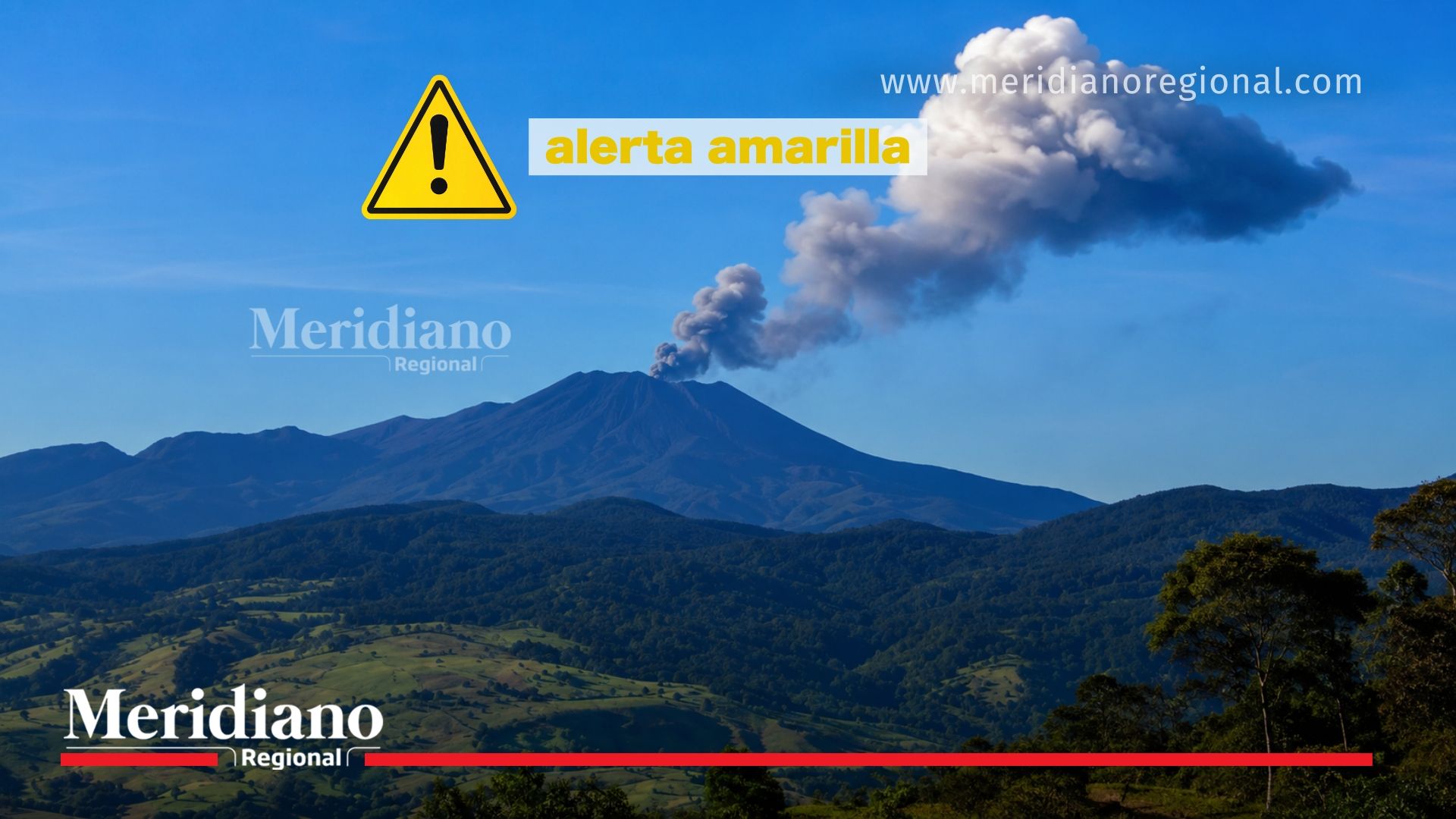 Imagen panorámica del Volcán Puracé durante una reciente emisión de ceniza. El volcán permanece en alerta Amarilla bajo monitoreo permanente del Servicio Geológico Colombiano.