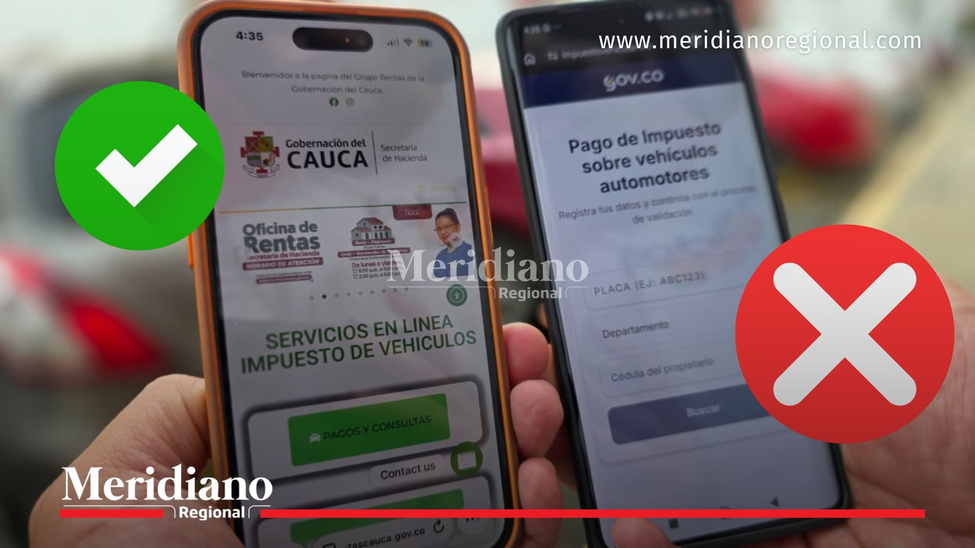 La Gobernación del Cauca, a través de la Secretaría de Hacienda del Cauca y la Oficina de Rentas, advirtió a los contribuyentes sobre la circulación de un sitio web fraudulento utilizado para engañar a ciudadanos durante el pago del impuesto vehicular. La imagen compara el portal oficial con el enlace falso denunciado.