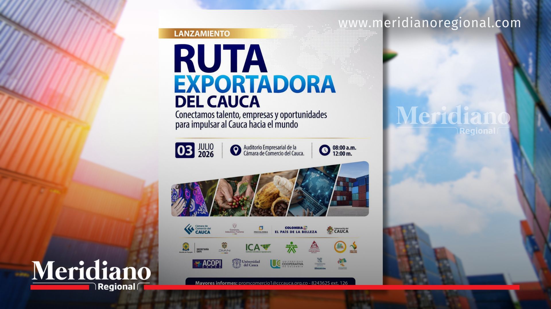 La Secretaría de Desarrollo Económico y Competitividad del Cauca invita a empresarios y emprendedores a participar en el lanzamiento de la Ruta Exportadora del Cauca, una estrategia que busca fortalecer la internacionalización de las empresas mediante el acompañamiento de entidades especializadas en comercio exterior.