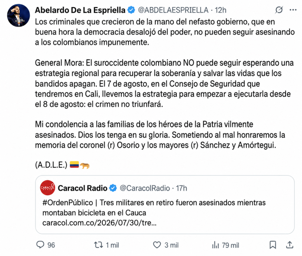 Pronunciamiento de Abelardo de la Espriella sobre el asesinato de tres militares retirados en Cauca.