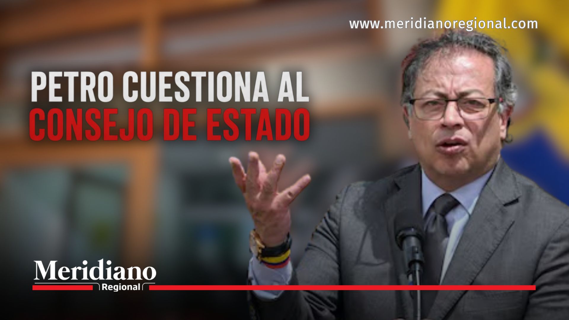 Gustavo Petro durante una intervención, junto al titular “Petro cuestiona al Consejo de Estado”.