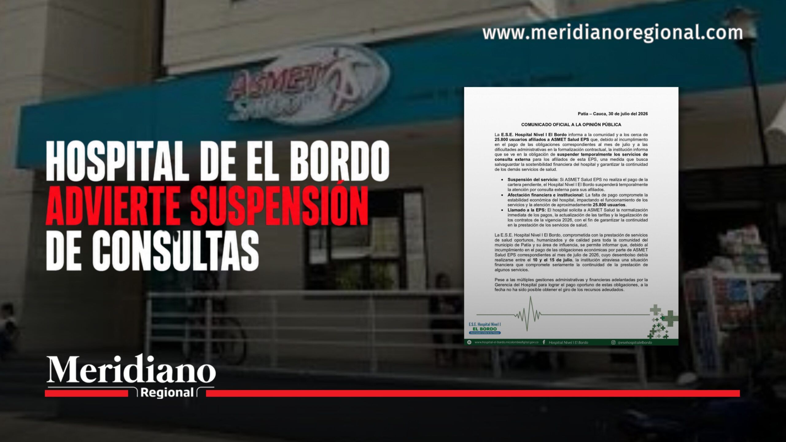 Fachada del Hospital de El Bordo junto al comunicado sobre la posible suspensión de consultas externas.