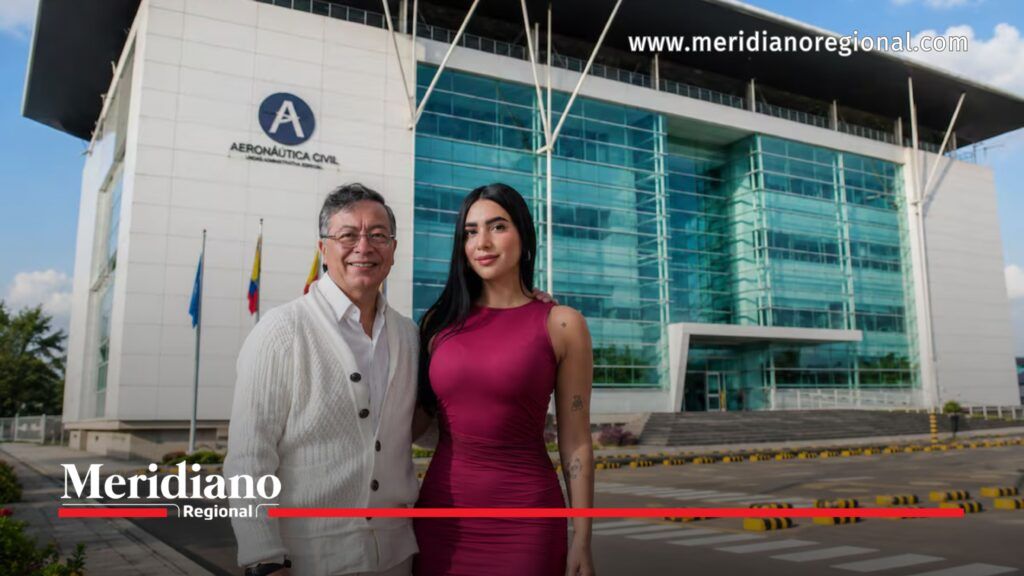 Imagen creada con IA de Gabriela Muñoz y Gustavo Petro frente al edificio de la Aerocivil.