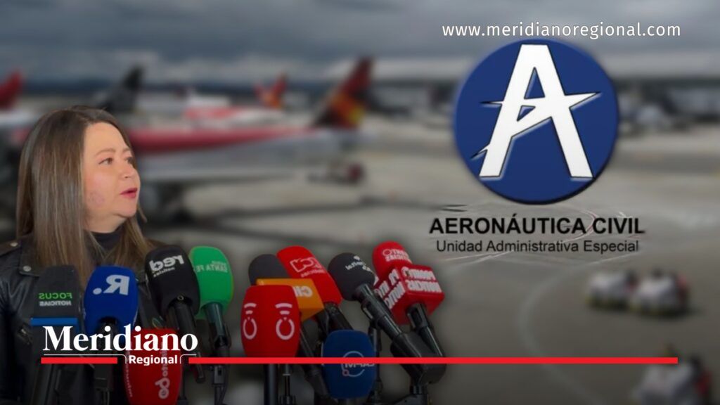 María Fernanda Rojas durante declaraciones ante medios junto al logo de la Aerocivil.