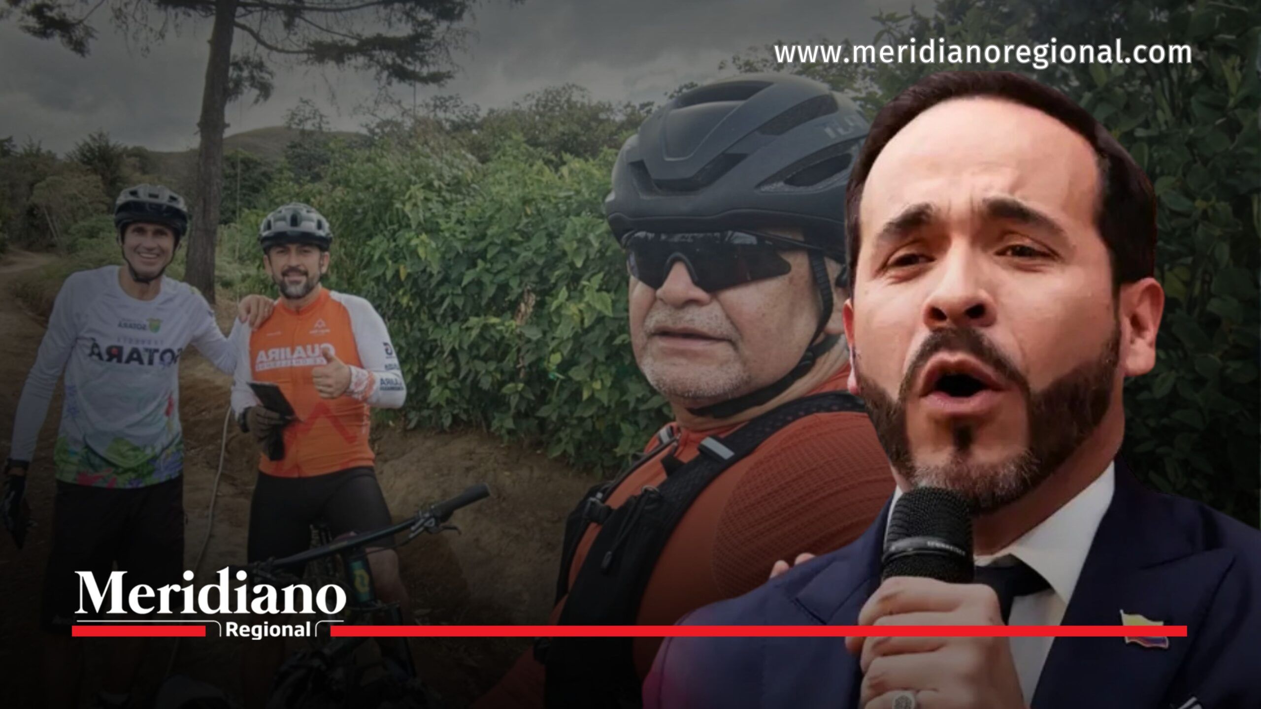 Abelardo de la Espriella junto a imágenes de los tres ciclistas asesinados en la vía entre Silvia y Totoró, Cauca.