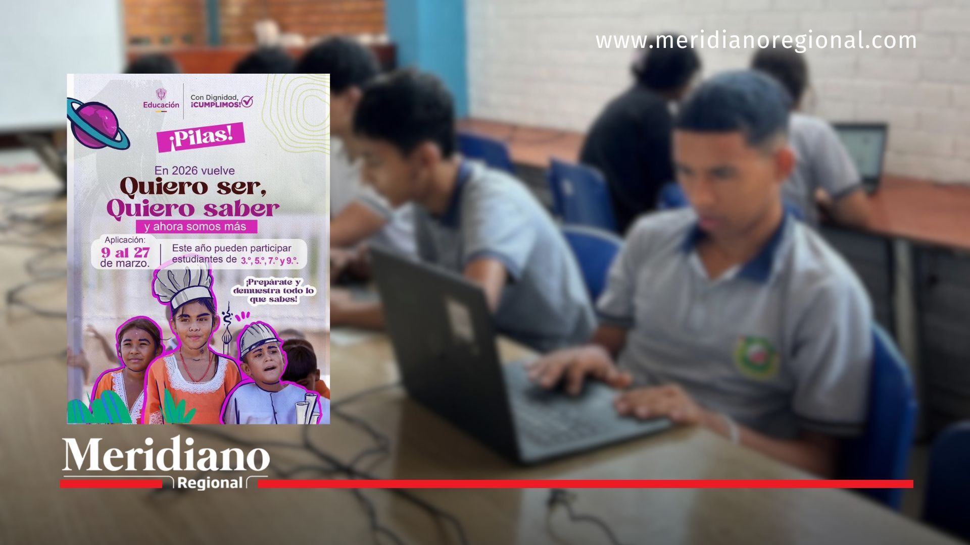 Estudiantes realizan actividades académicas con equipos de cómputo mientras la Secretaría de Educación y Cultura del Cauca promueve la participación en la estrategia Quiero Ser, Quiero Saber 2026, cuya primera aplicación se desarrolló entre el 9 y el 27 de marzo para los grados 3.°, 5.°, 7.° y 9.°.
