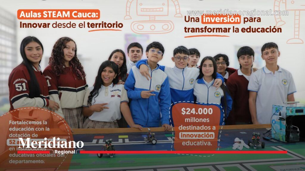 Grupo de estudiantes junto a equipos de robótica y tecnología durante la presentación de la estrategia Aulas STEAM Cauca, que fortalece la innovación educativa en instituciones oficiales del departamento.