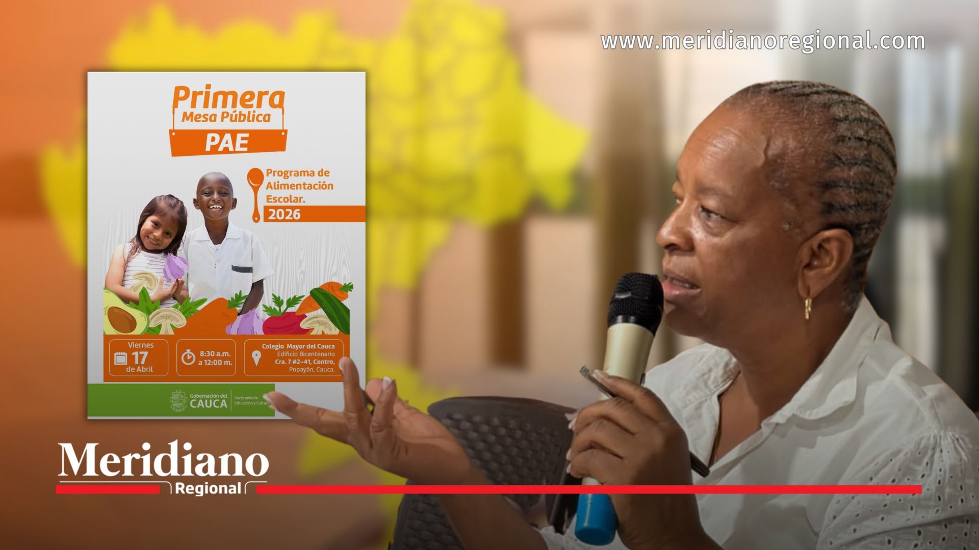 Funcionaria de la Secretaría de Educación y Cultura del Cauca presenta la estrategia ABC PAE, mientras al fondo se destaca la imagen promocional del Programa de Alimentación Escolar.