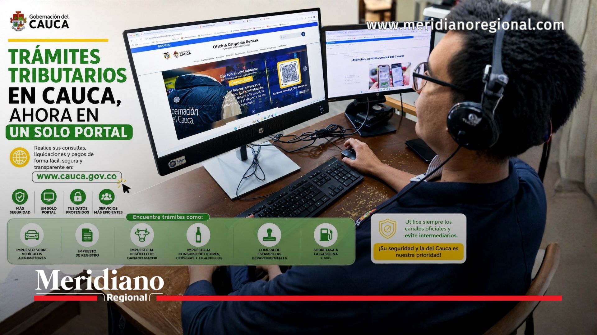 Funcionario utiliza la plataforma de la Oficina de Impuestos y Rentas de la Gobernación del Cauca para realizar trámites tributarios en el portal oficial www.cauca.gov.co.